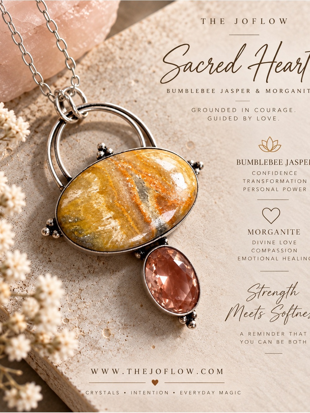 925 Sacred Heart Bumblee Bee Jasper + Morganite Pendant Necklace